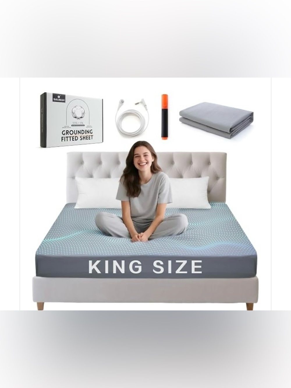 SALIMAH GROUNDING FITTED SHEET, 95% COTTON & 5% SILVER FIBERS, KING SIZE, GRAY